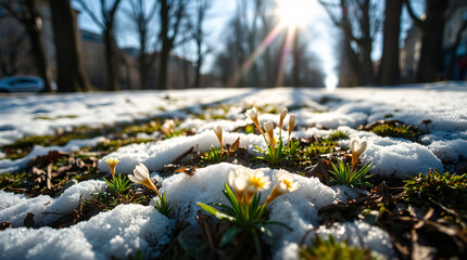 Early spring flowers pushing through melting snow on urban roadside with morning sun shining brightly above