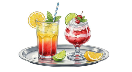 Fototapeta premium Two refreshing layered cocktails with fruit garnishes on a silver tray isolated on transparent background