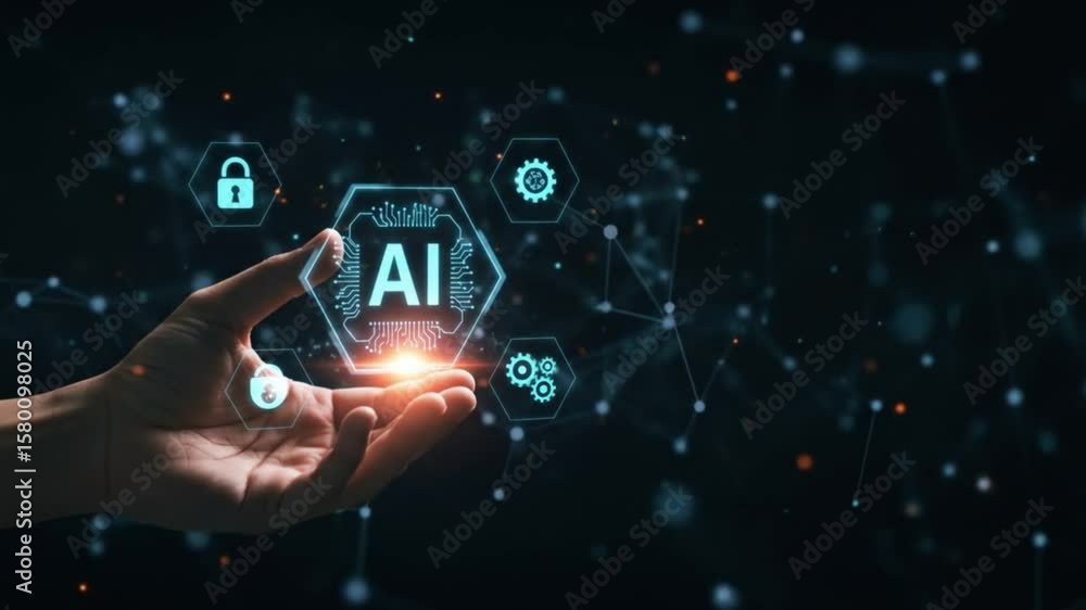 Poster a hand holding a glowing ai symbol with circuit patterns and floating icons on a dark background wit