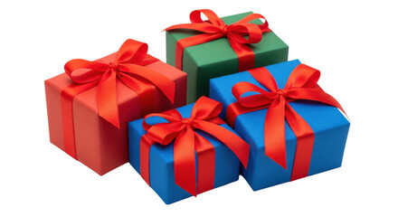 Obraz premium Four colorful gift boxes with red ribbons isolated on transparent background
