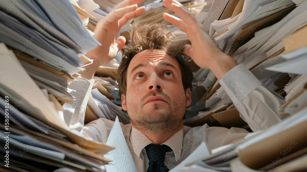 Poster a man is in a pile of papers and is looking at the camera. he is in a state of panic or distress