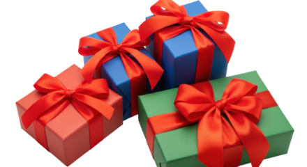 Group of colorful gift boxes with red ribbons isolated on transparent background