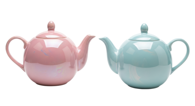 Two pearlescent teapots pink and teal isolated on transparent background