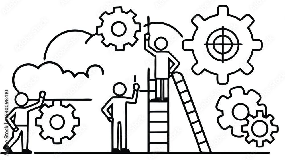 Poster people collaborating with gears and clouds in a teamwork setting using a ladder to reach higher goal