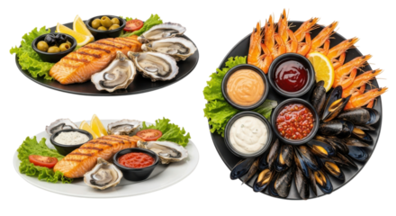 Gourmet seafood platter with grilled salmon oysters mussels and shrimp isolated on transparent background