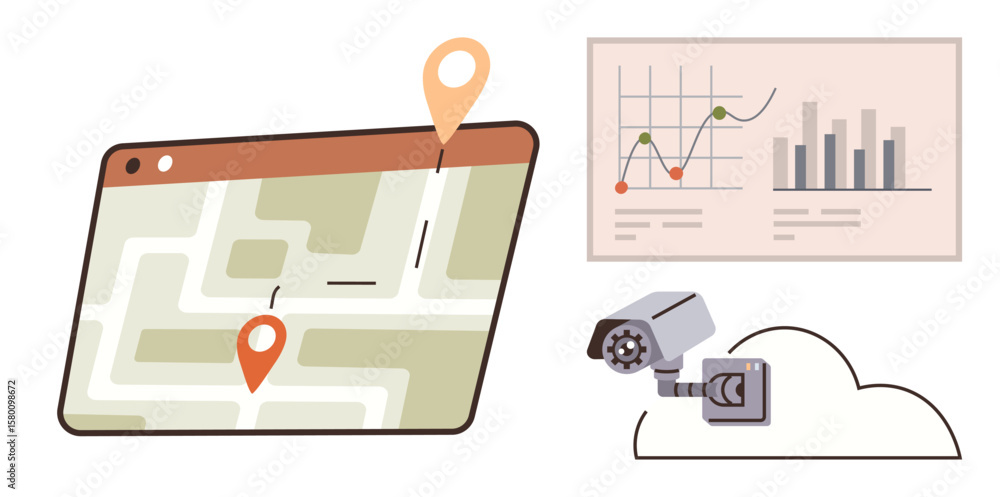 Aufkleber digital map with location pins, data analytics dashboard with graphs, and cloud-connected security c