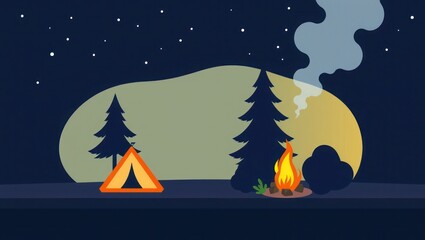 Obraz premium Nighttime camping scene with campfire and tent under a starry sky.