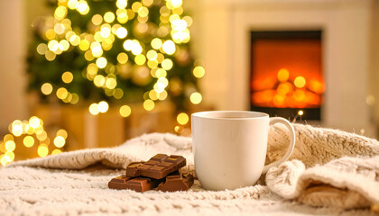 Warm Mug of Hot Chocolate and Chocolate Pieces near Fireplace and Christmas Tree