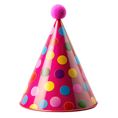 A bright pink party hat with colorful polka dots and a pompom sits isolated on transparent background