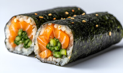 Two pieces of salmon sushi rolls, filled with cucumber and rice, wrapped in nori seaweed and sprinkled with sesame seeds, presented on a white surface.