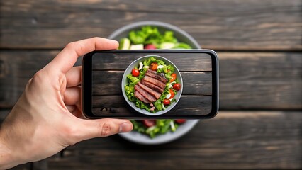 Steak salad food photography taking photo with phone on wooden table healthy eating lifestyle concept