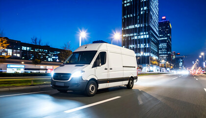 White Delivery Van Driving on a City Street at Night