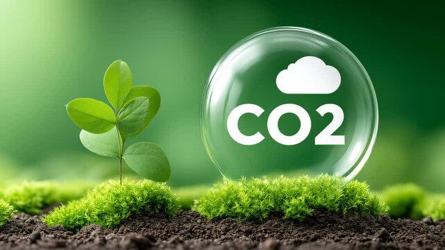 Business carbon credit. CO2 reduction with green plant and moss on soil, leaf and cloud symbolizing environment and clean air for healthy planet awareness