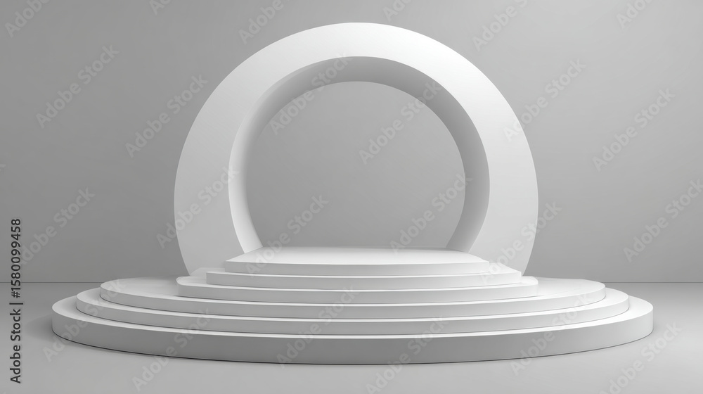 Poster 3d white podium scene with a circular arch on a grey background for product display presentation, 3d
