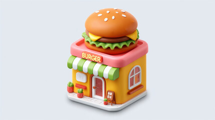 3D miniature burger shop shaped like a giant cheeseburger, playful clay texture, isometric view, 3d illustration.