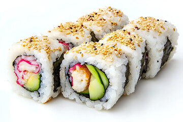 Close-up of six pieces of California sushi roll with rice, seaweed, avocado, crab, and sesame seeds on a white background.
