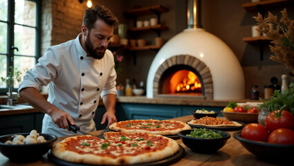A professional male pizzaiolo, in a white chef's jacket, two pizzas on the table.
