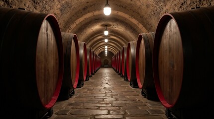 A rustic, dimly lit wine cellar with a symmetrical layout. The cellar features a series of large wooden barrels lined up on both sides of a narrow, stone-paved corridor.