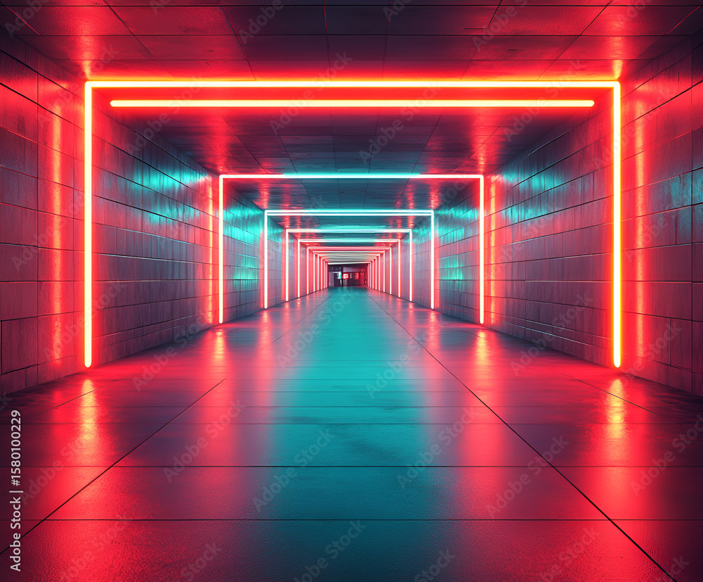 Poster a futuristic tunnel illuminated by red and cyan neon lights, creating a vibrant and symmetrical pers