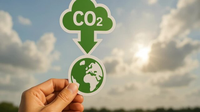Business carbon credit. Hand holding green sticker and arrow with CO2 symbol and earth globe against cloudy sky, symbolizing environmental care and carbon footprint
