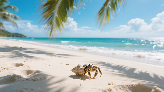 Peaceful tropical beach with hermit crab on sand, ultra detailed photo in vivid colors, turquoise ocean, sunny weather, palm leaf frame, realistic wildlife nature scene, relaxing summer vacation