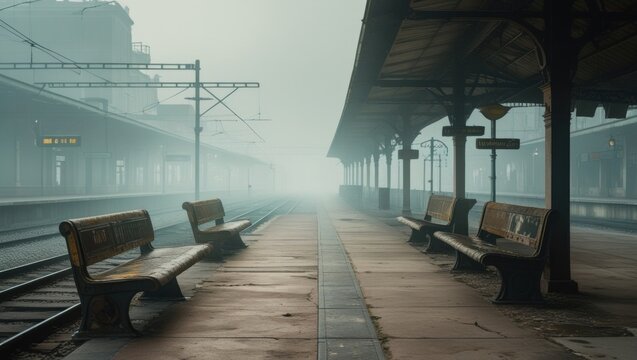Foggy train station platform, empty and serene.