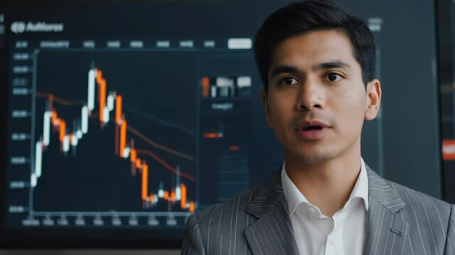 During an earnings call, a CEO speaks while stock prices fluctuate based on comments. A split-screen shows sentiment analysis in real-time, highlighting market reactions