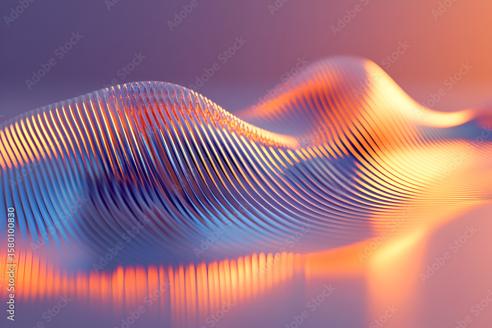 Poster abstract 3d rendering of flowing, wave-like metallic structures with gradient colors and soft lighti