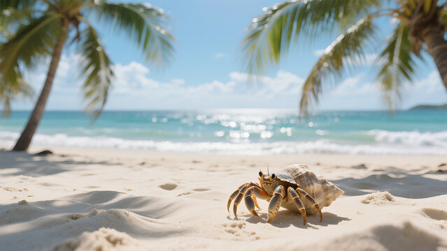 Ultra-realistic hermit crab on white sandy beach under palm leaves with turquoise ocean, tropical summer paradise, bright sunny day, shallow depth of field, vivid colors, peaceful relaxing vacation