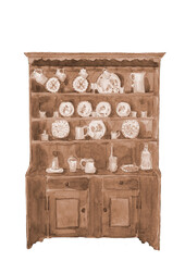 水彩で描いた古い木製食器棚のモノトーンイラスト素材【手描き】白バック 切り抜き用 コピーペースあり
