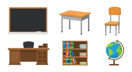 Classroom Furniture Set: Blackboard, Desk, Chair, Bookshelf, and Globe