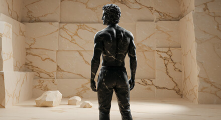 Fototapeta premium A sculpted figure stands in a room with marble walls, gazing forward.
