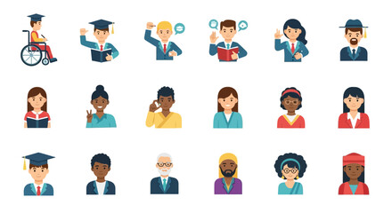 Diverse Group of Cartoon People: Students, Professionals, and Individuals in Various Poses