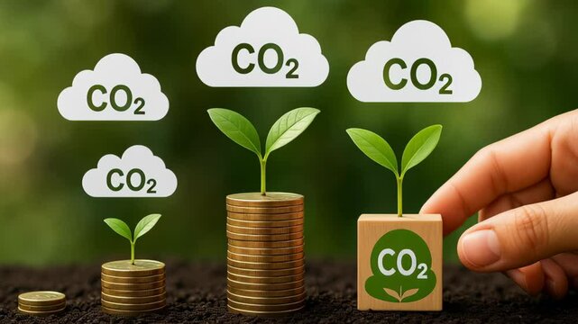 Business carbon credit. Growing plant with green leaf on stack of coins and wooden block held by hand showing CO2 symbol for carbon footprint reduction and eco savings
