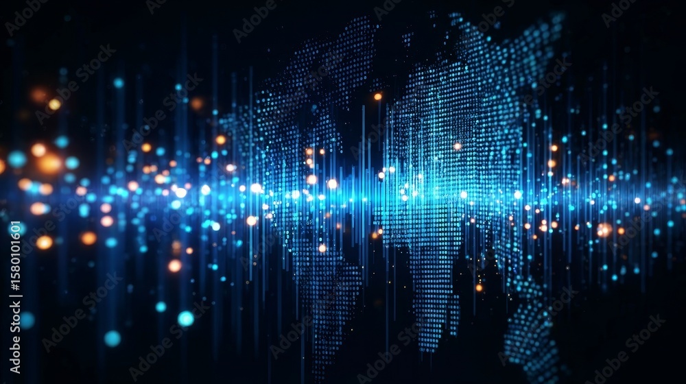 Poster futuristic cyber connected world map with data streams and global information exchange background