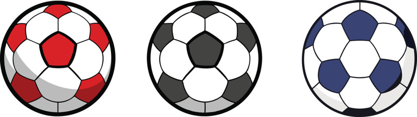 Three colorful soccer balls in red, gray and blue showcasing athletic sports