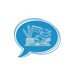 Education Concept: White Outline Books, Pencils, and Graduation Cap in Speech Bubble