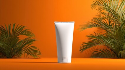 White tube cosmetic product on orange background with palm leaves