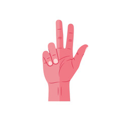 Obraz premium Pink Hand Displaying Three Fingers in Upright Gesture, Isolated.