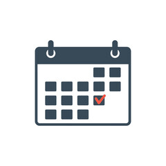 Dark Blue Calendar Icon with Red Check Mark on a Specific Date