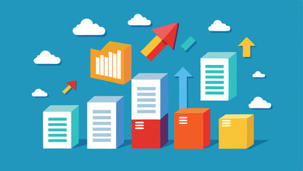 Illustration of rising bar graphs with arrows and clouds against a blue background design