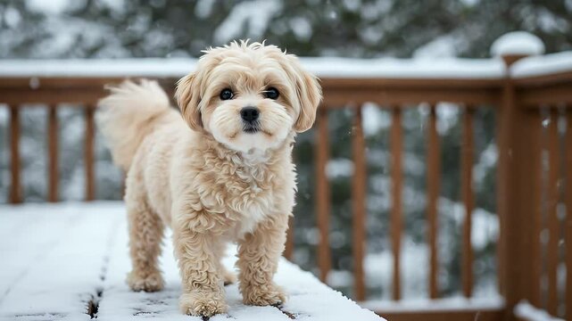 Golden Maltipoo Puppy Standing on Snow Covered Wood Deck During Winter Season