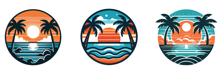Set of Tropical Sunset Beach Badges with Palm Trees and Ocean Waves vector illustration.