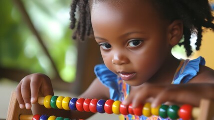 Concentrated young girl learning math with colorful abacus beads indoors