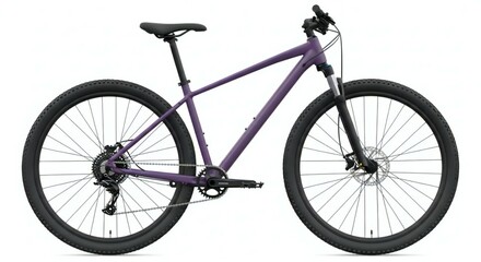 Studio shot showcases a purple mountain bike against a clean, minimalist white backdrop
