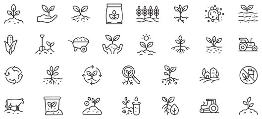 Soil Regeneration & Sustainable Agriculture Line Icons Pack – Unique Vector Icons Featuring Organic Farming, Crop Rotation, Eco-Friendly Practices, and Soil Health Elements
