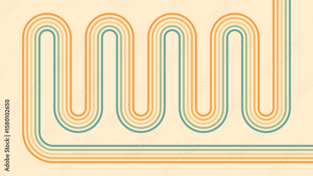 Wall mural abstract background of rainbow groovy wavy line design in 1970s hippie retro style. vector pattern r