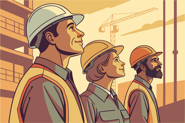 Diverse group of construction engineers observing progress on site at sunset