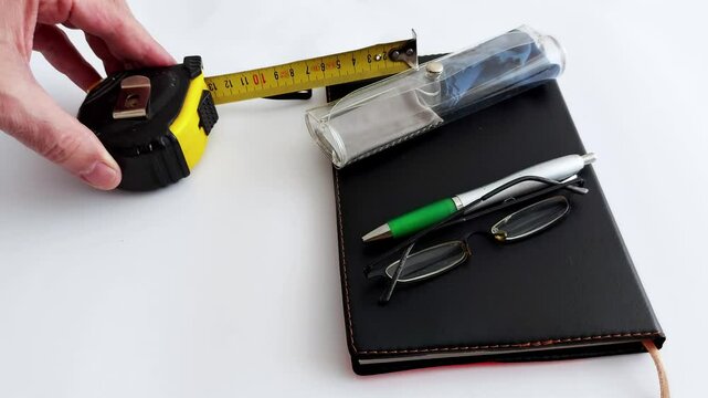 Measuring with intent: a hand grips a tape measure beside a notebook and scattered stationery-an organized workspace hinting at creativity, structure, and purpose