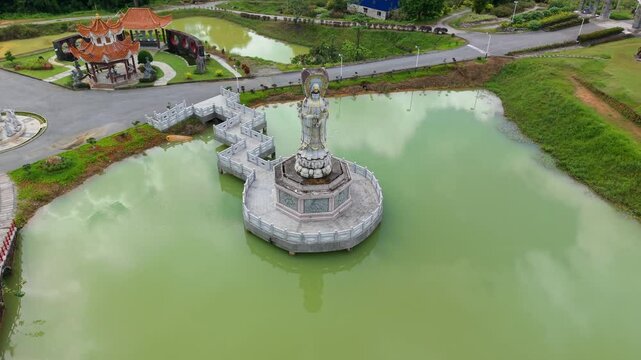Aerial view of Kuan Yin statue God at Chinese Temple